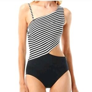 Michael Kors One Piece Swimsuit Cut Out Black White Stripe Zip Size 6‎ NWT